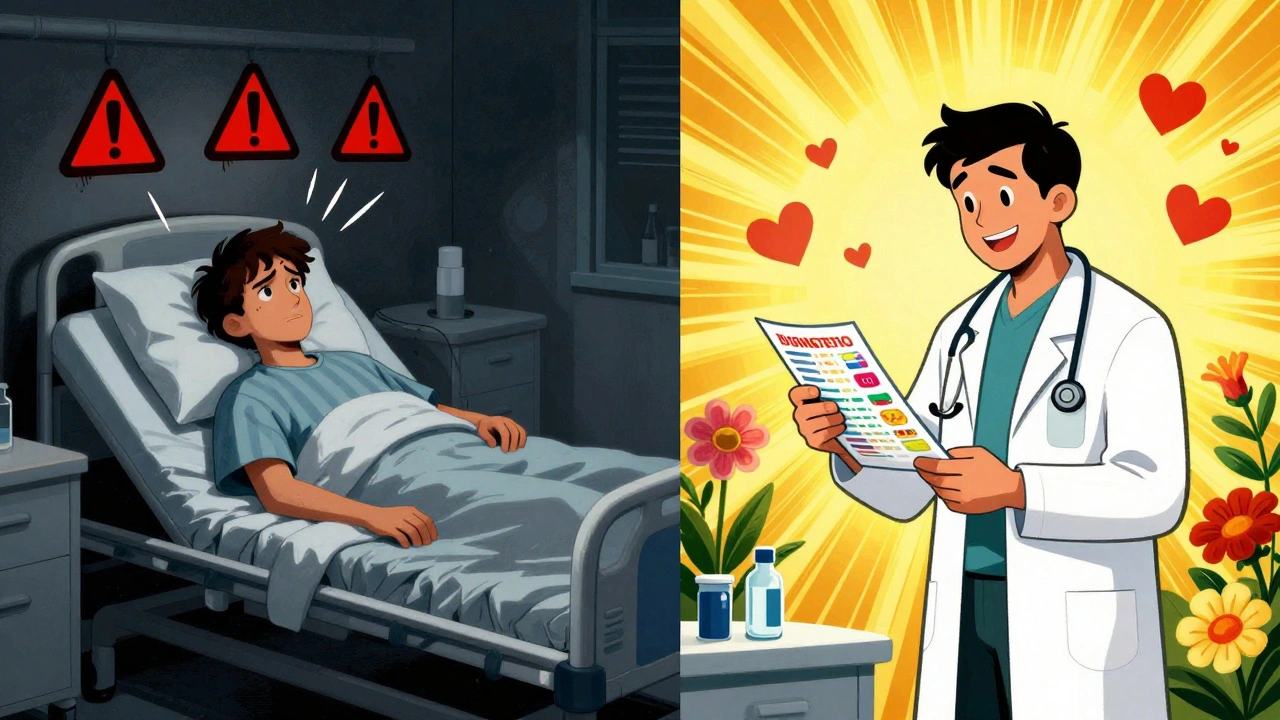 Before-and-after scene: one side shows danger from forgotten meds, the other shows safety from a detailed list in psychedelic art style.