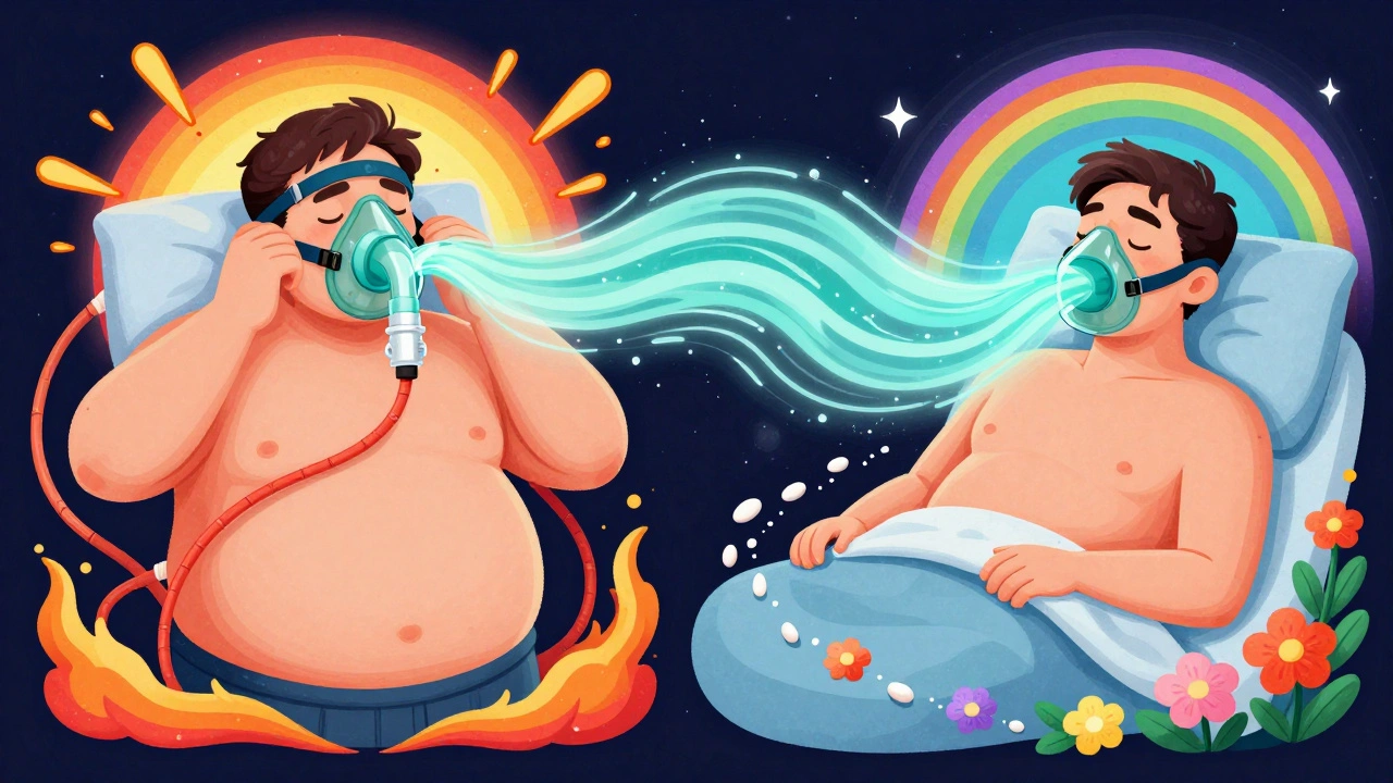 Before-and-after scene: one side shows struggle with CPAP, the other shows peaceful sleep as weight loss turns fat into flowers.