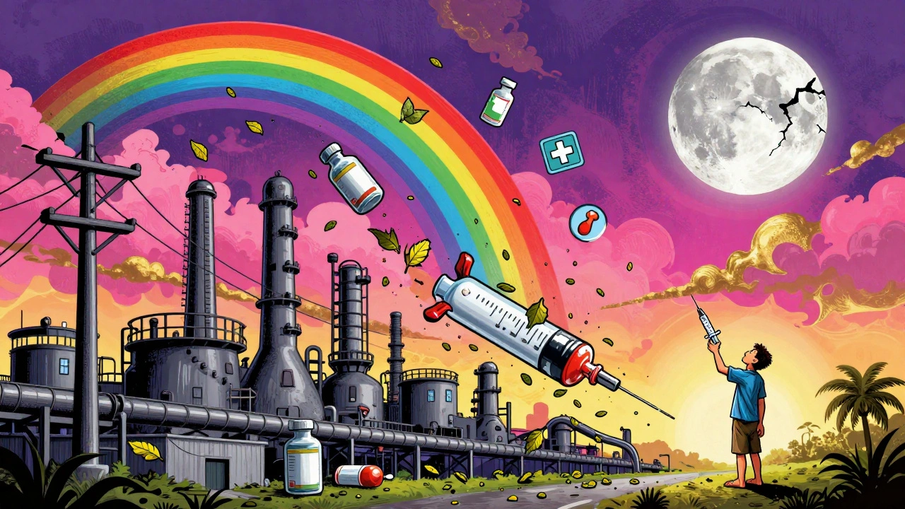 Broken factory in Puerto Rico with tumbling insulin vials and a patient holding an empty syringe under a stormy sky.