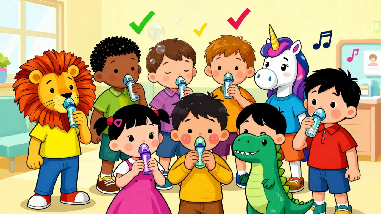 Children of different ages using animal-themed spacers in a bright clinic, with glowing medicine and playful details.