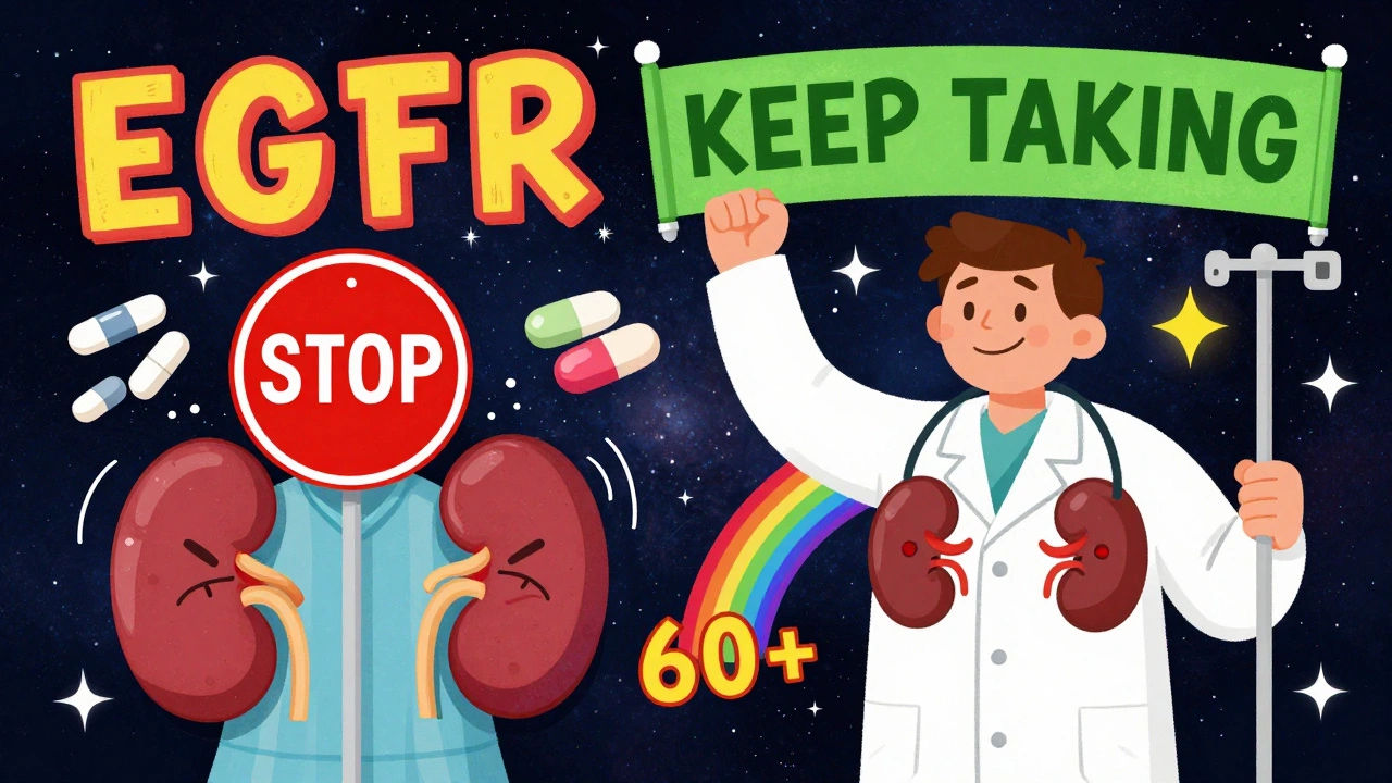 Contrasting scenes: one patient told to stop metformin, another told to keep it, with eGFR numbers and rainbow contrast streams.