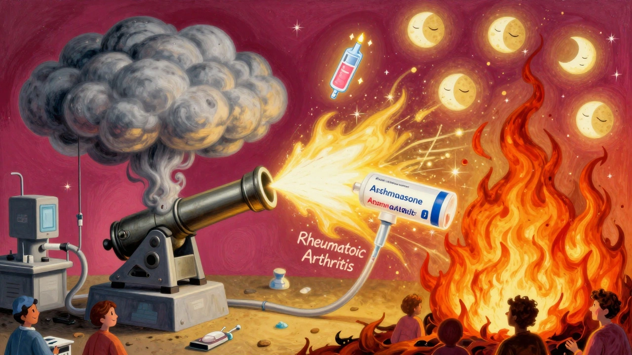Dexamethasone cannon vs prednisone hose fighting inflammation in a surreal landscape
