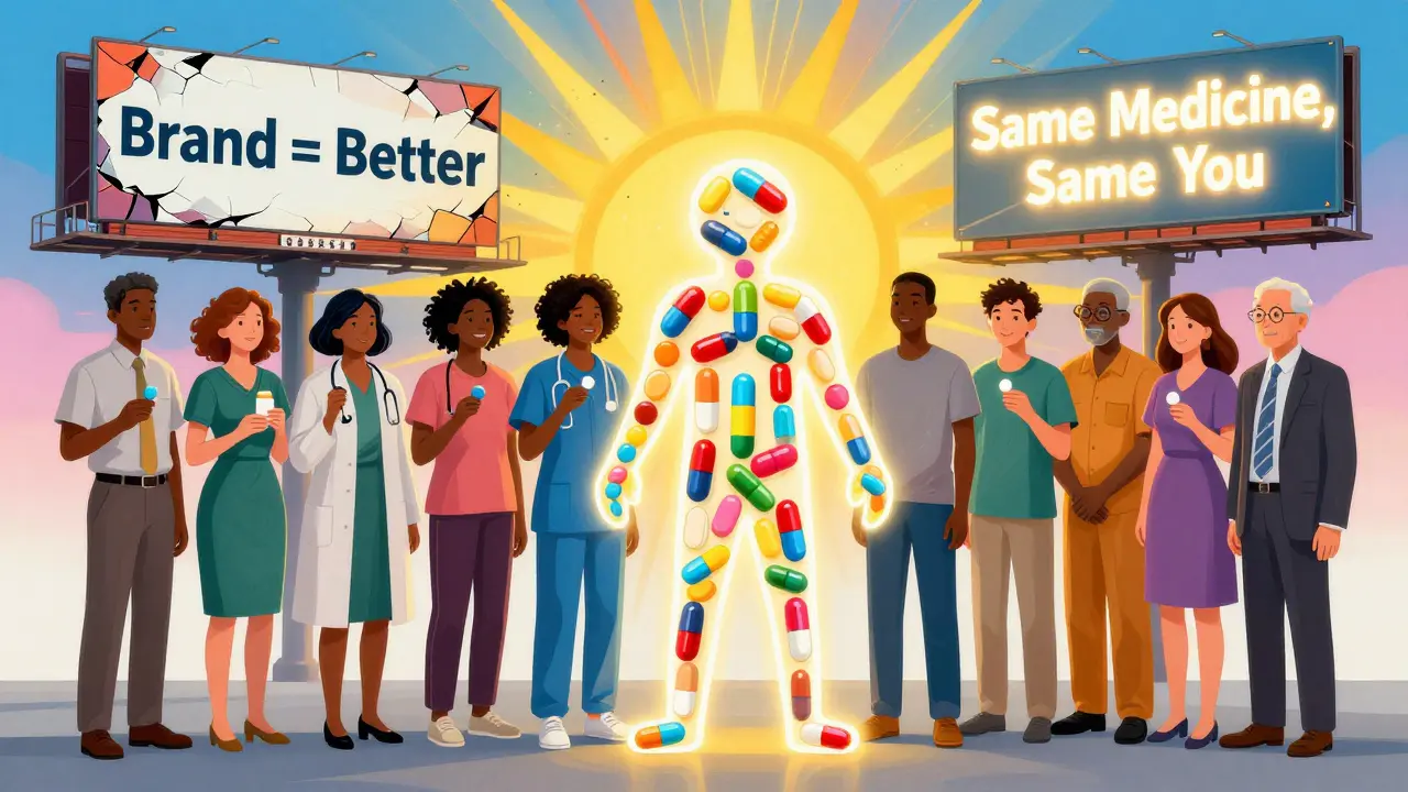 Diverse patients holding generic pills, their forms merging into one glowing figure under a radiant sunburst.