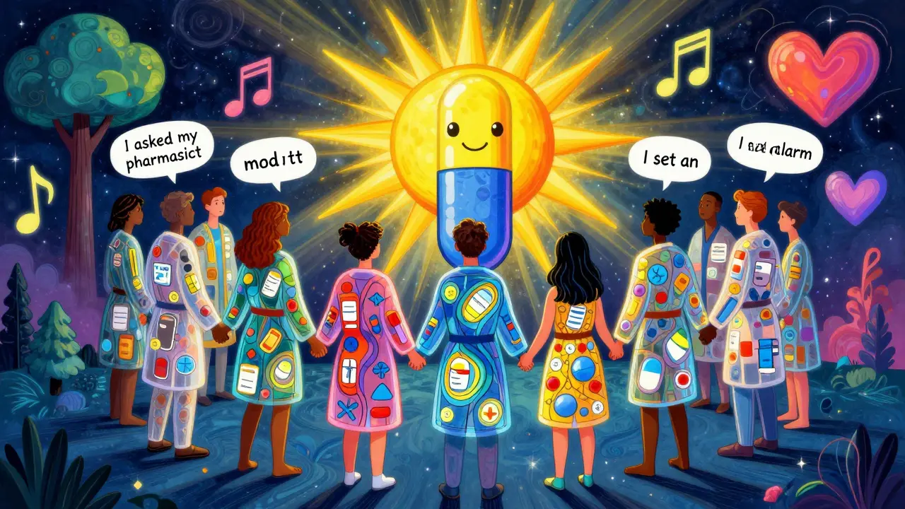 Diverse people holding hands in a circle surrounded by glowing medication symbols and floating hearts.