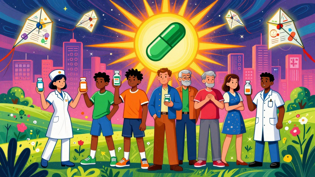 Diverse people holding medication bottles in a colorful landscape with floating safety information pages.