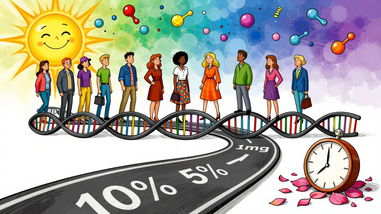 Diverse people walking a spiraling DNA road marked with taper percentages under a smiling sun.