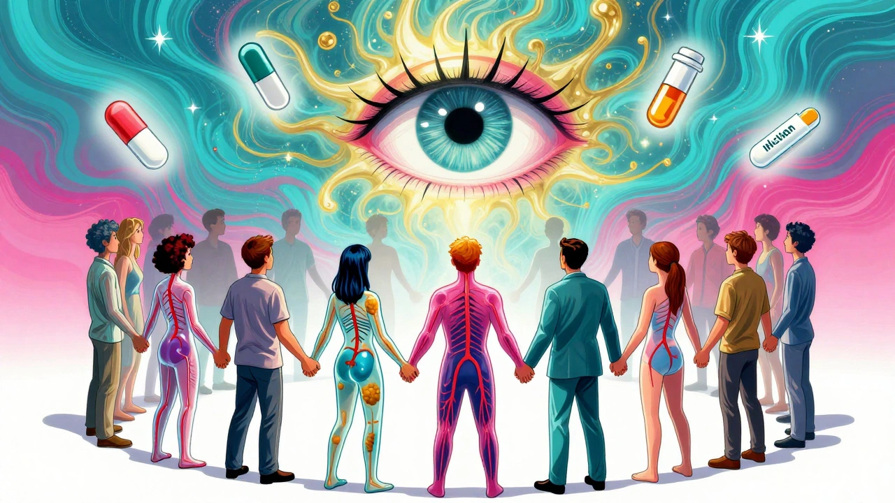Diverse people with transparent bodies showing clean vs. clogged arteries, surrounded by cholesterol medications in cosmic colors.