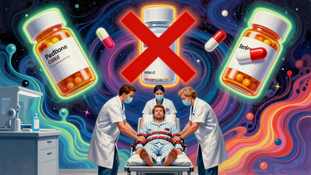 Emergency room scene with medical staff calming a patient as giant prescription pills glow and cross out above.