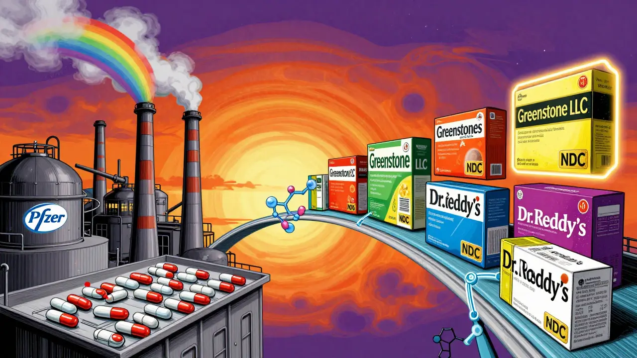 Factory producing identical pills packaged under different labels, glowing NDC codes, cosmic background with rainbow steam.