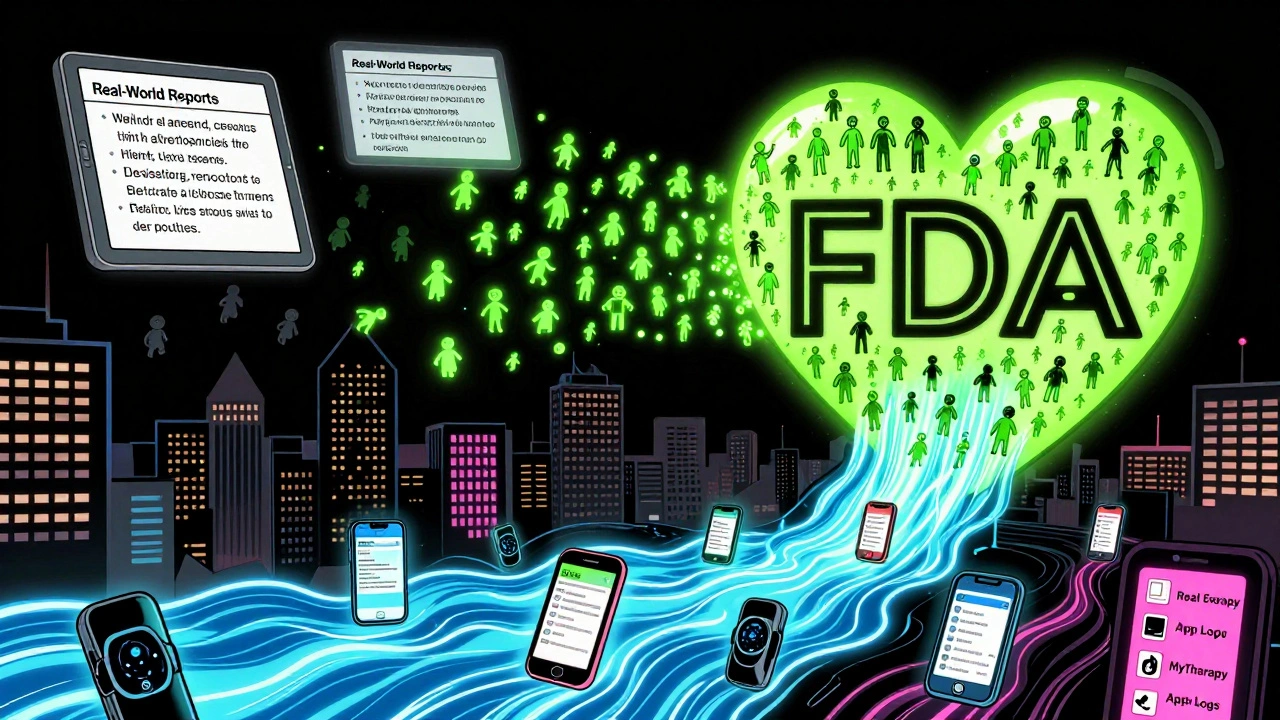 FDA heart warning sign receiving data streams from patients in vibrant cartoon style
