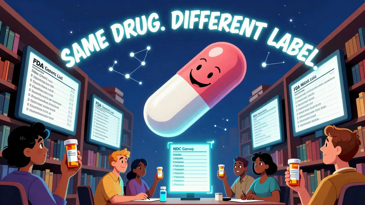 Floating pill above FDA list, patients holding bottles, NDC segments glowing like stars, 'SAME DRUG. DIFFERENT LABEL.' text.