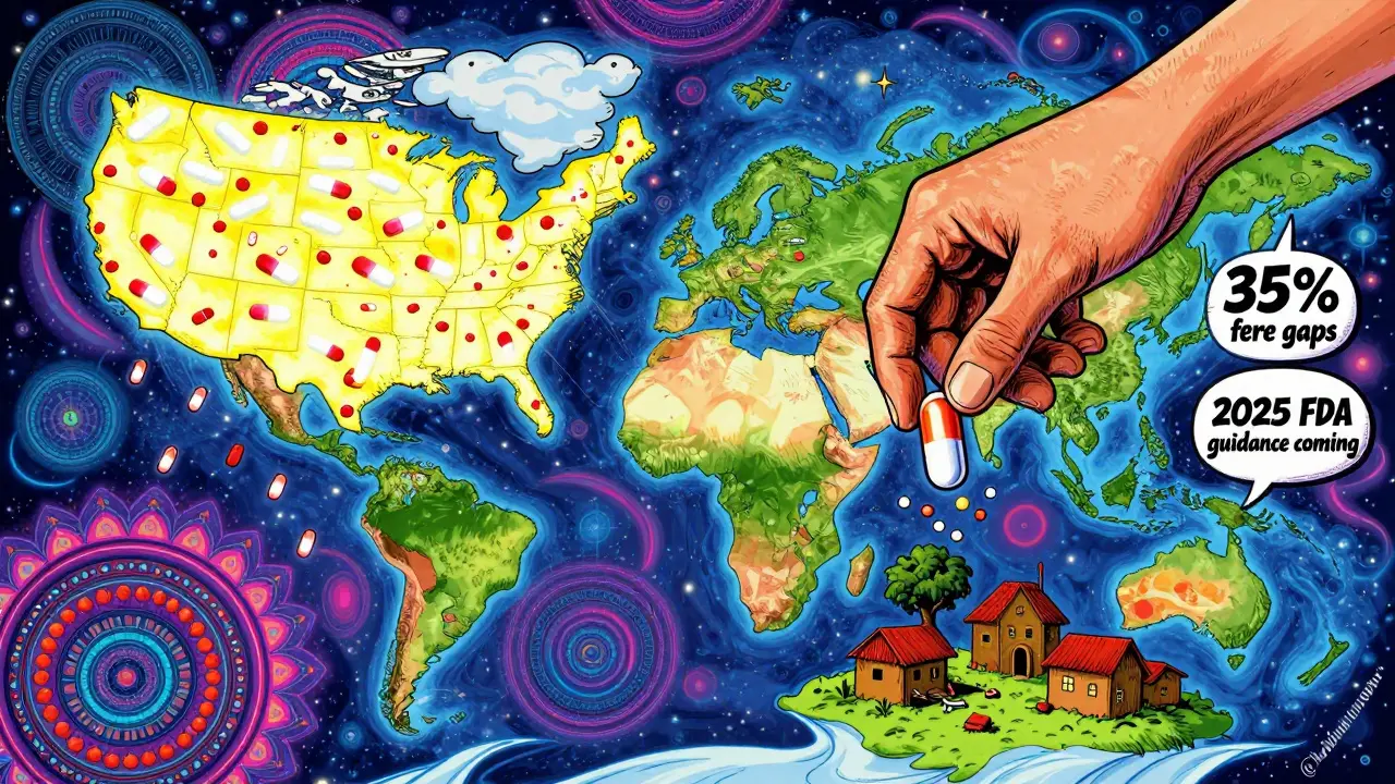 Global map with combo pills raining over U.S. and one falling into a low-income country