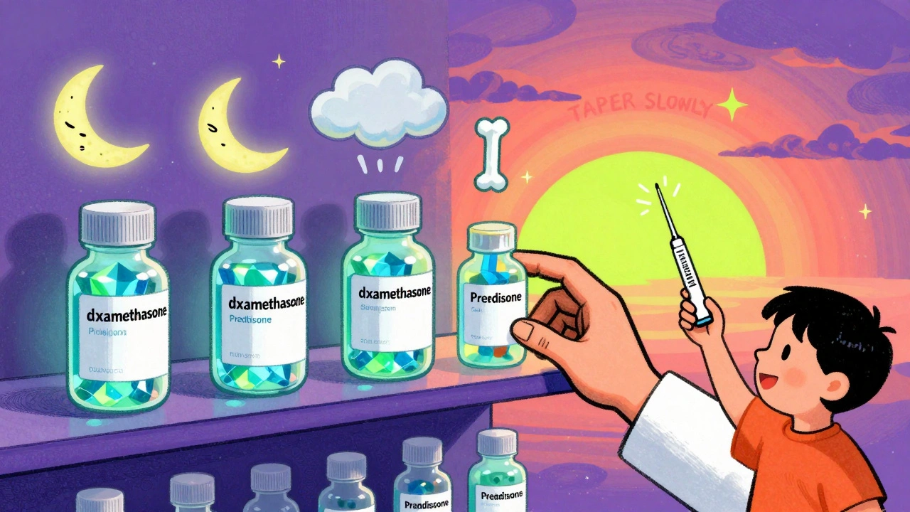 Glowing steroid bottles on a shelf with floating side effect symbols in vibrant colors