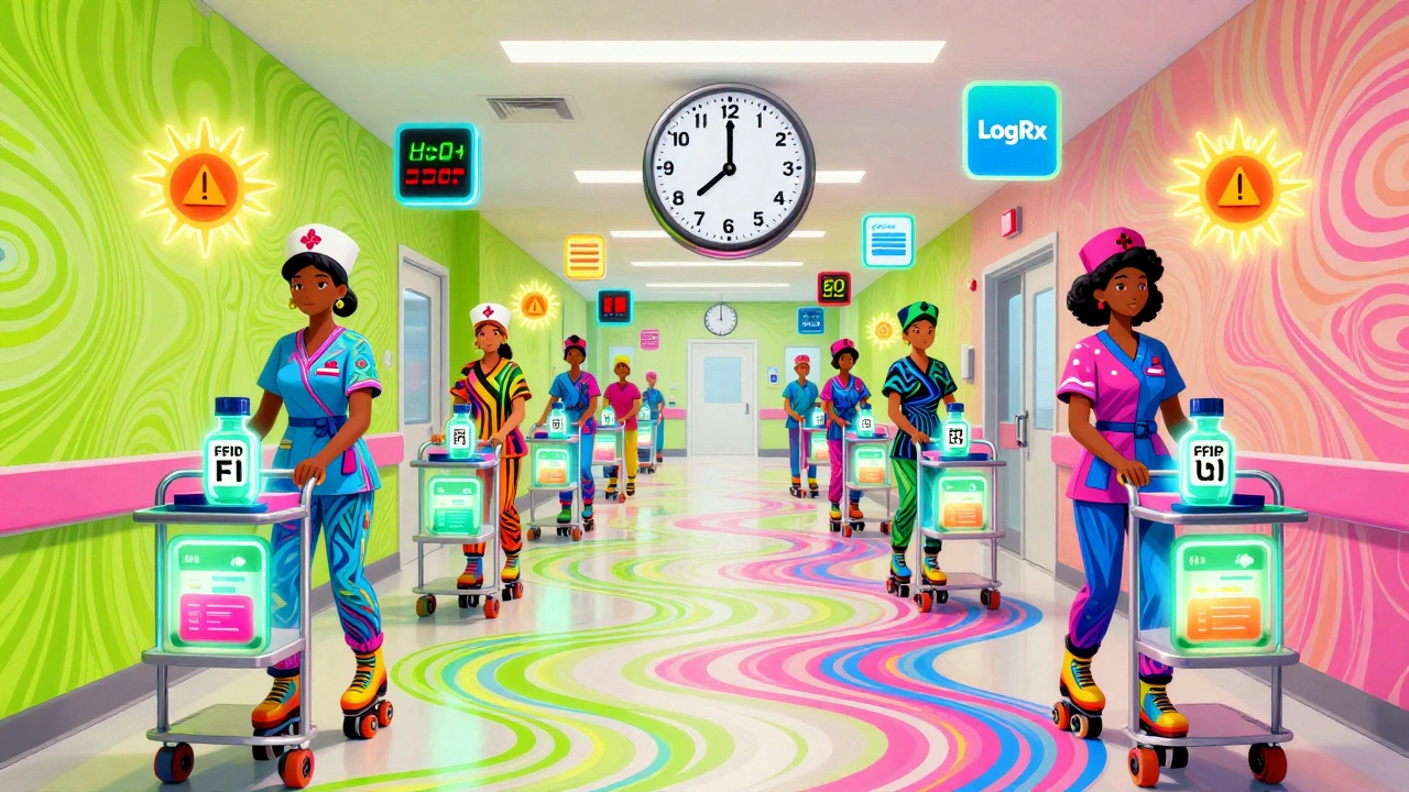 Nurses on rainbow rollerskates transport RFID-tagged meds in a glowing hospital hallway with floating digital alerts.