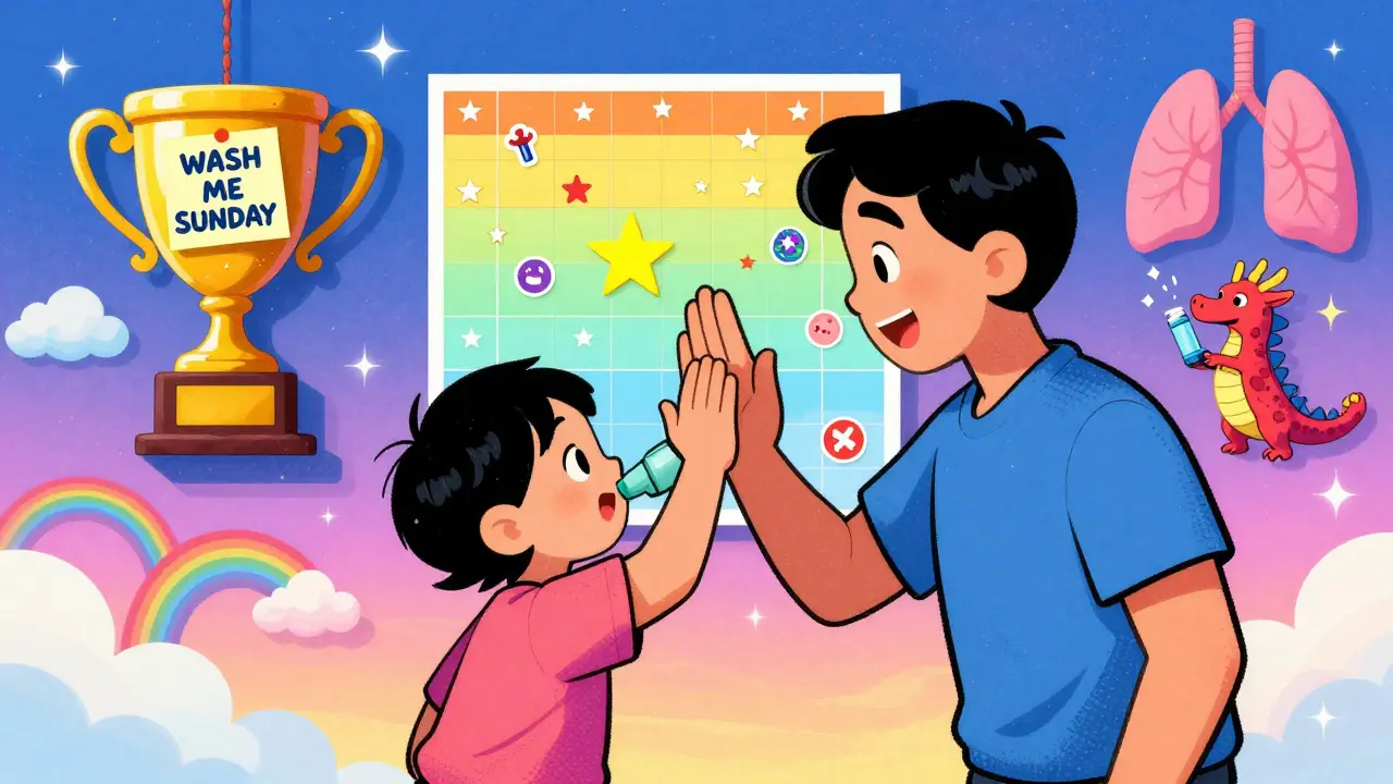 Parent and child high-fiving after inhaler use, with a sticker chart and glowing spacer on the wall in psychedelic style.
