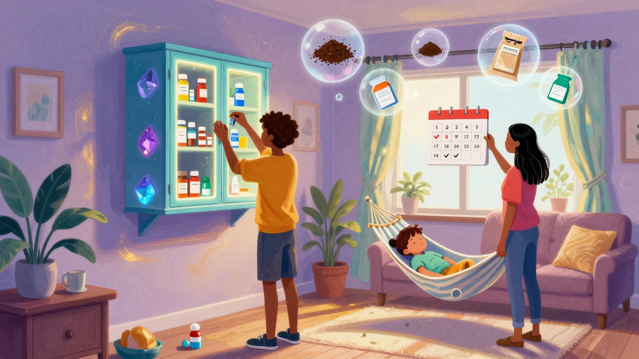 Parents lock children&#039;s medicines in a glowing cabinet while a child sleeps, with safe disposal icons floating in dreamy colors.