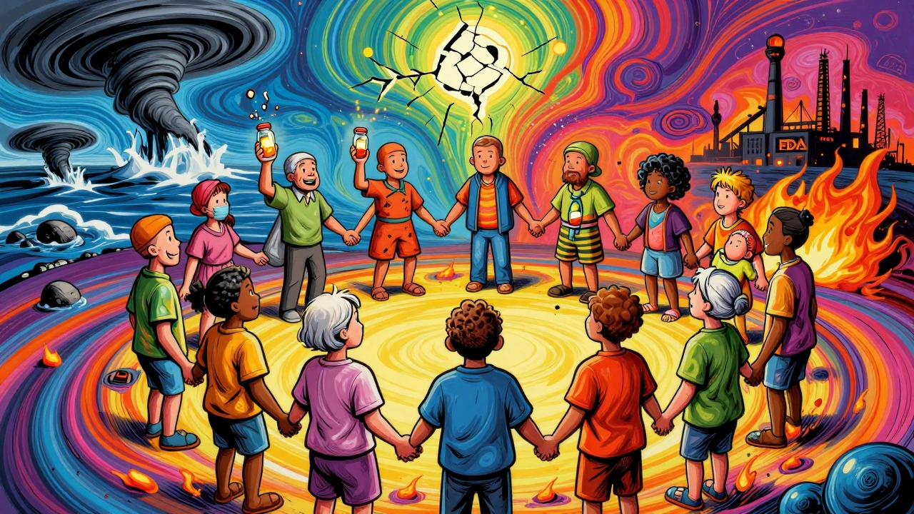 Patients holding glowing medicine bottles as climate disasters swirl around them, with medical totems rising in the background.