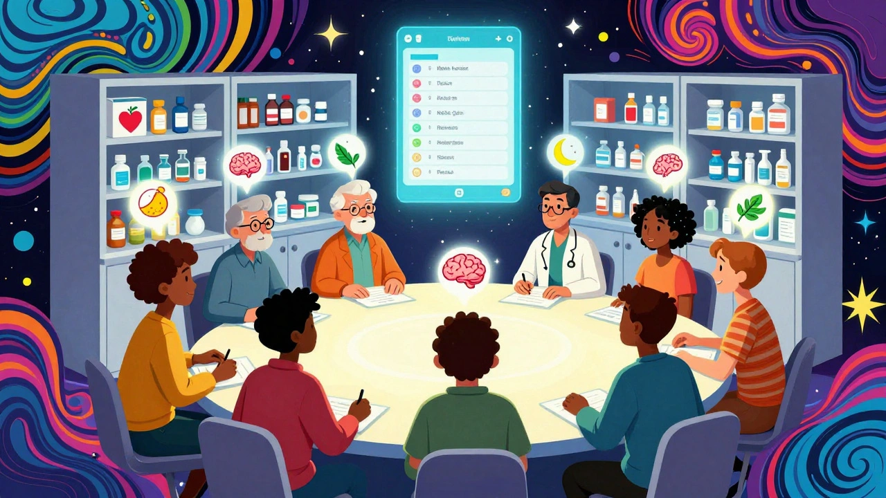 People around a table with floating medicine icons and a glowing app showing a shared medication list in vibrant cartoon style.