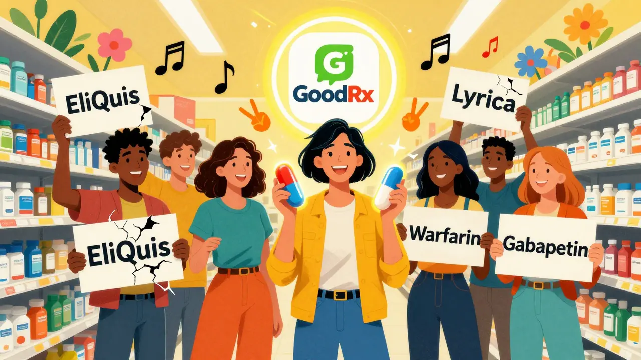 People in a pharmacy holding cheaper medication options as expensive ones crumble, with glowing symbols of health and savings.