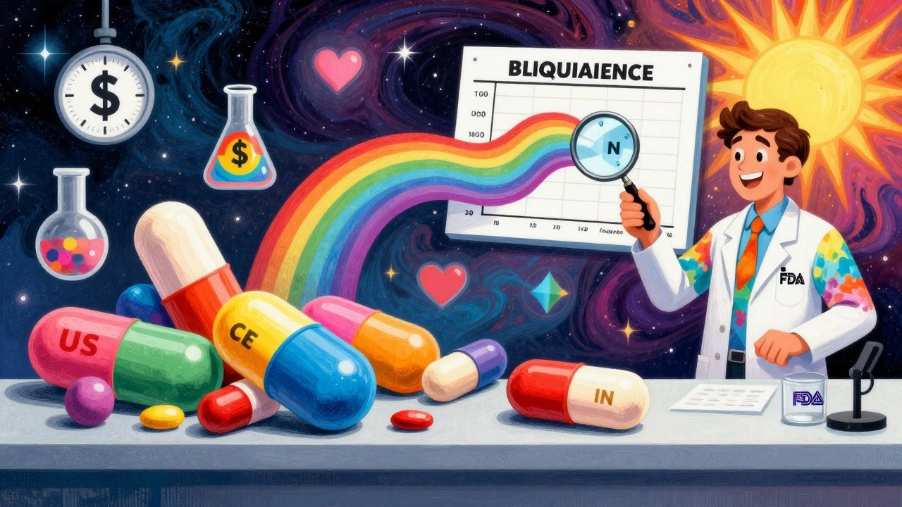 Rainbow generic pills at a surreal pharmacy counter with bioequivalence charts and floating scales.