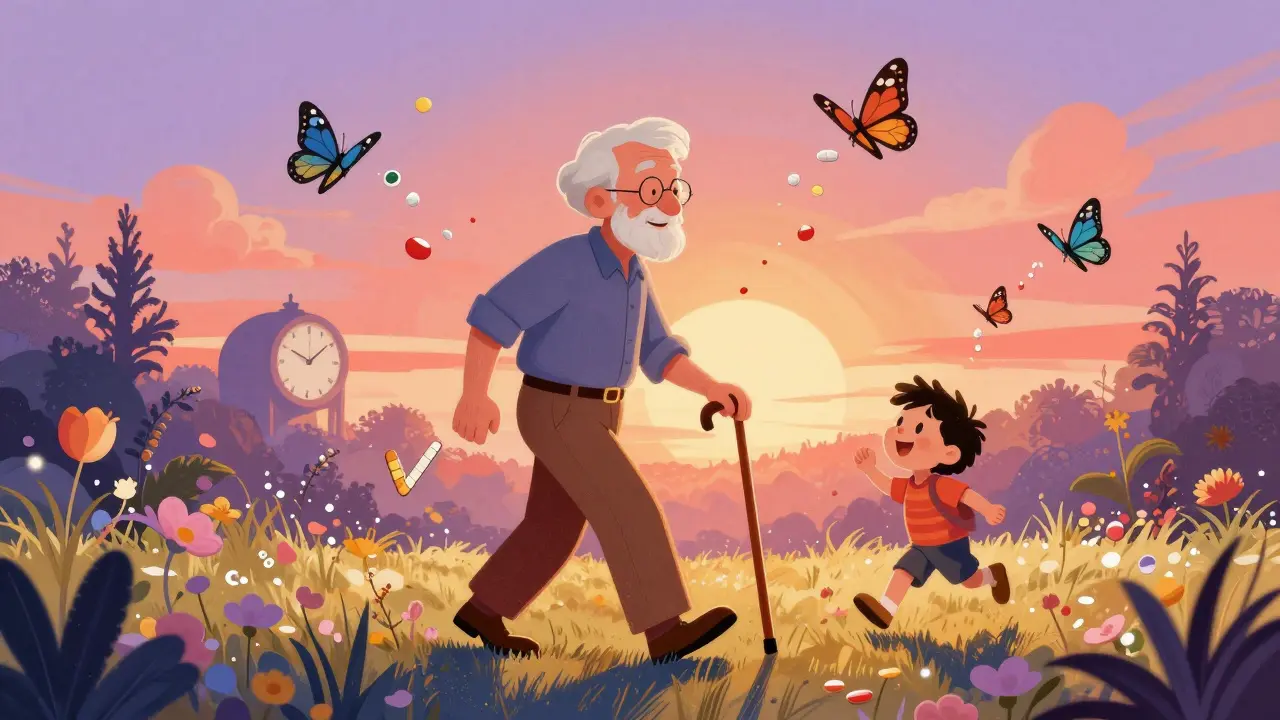 Senior walking happily in a garden at sunset, butterflies made of medicine labels dissolving into petals, with a grandchild running toward them.
