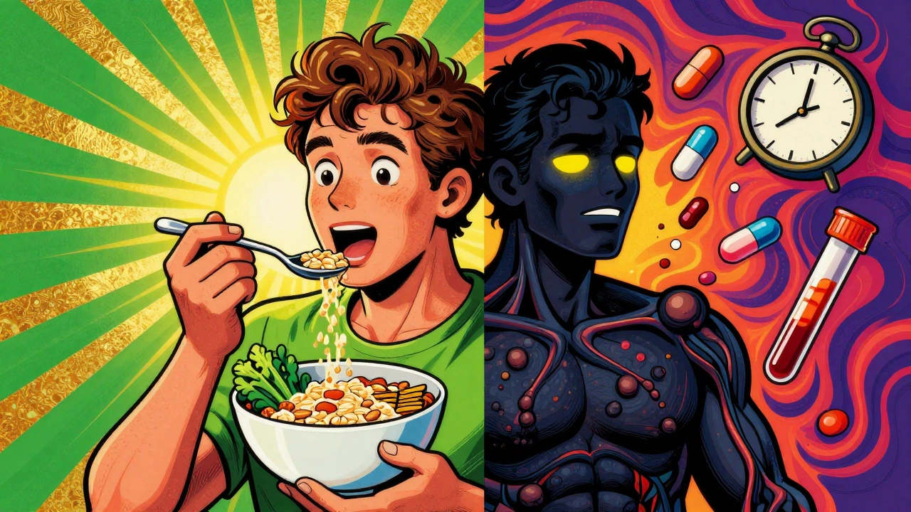 Split portrait: healthy lifestyle on one side, cholesterol warning signs on the other, in vibrant 1960s psychedelic colors.