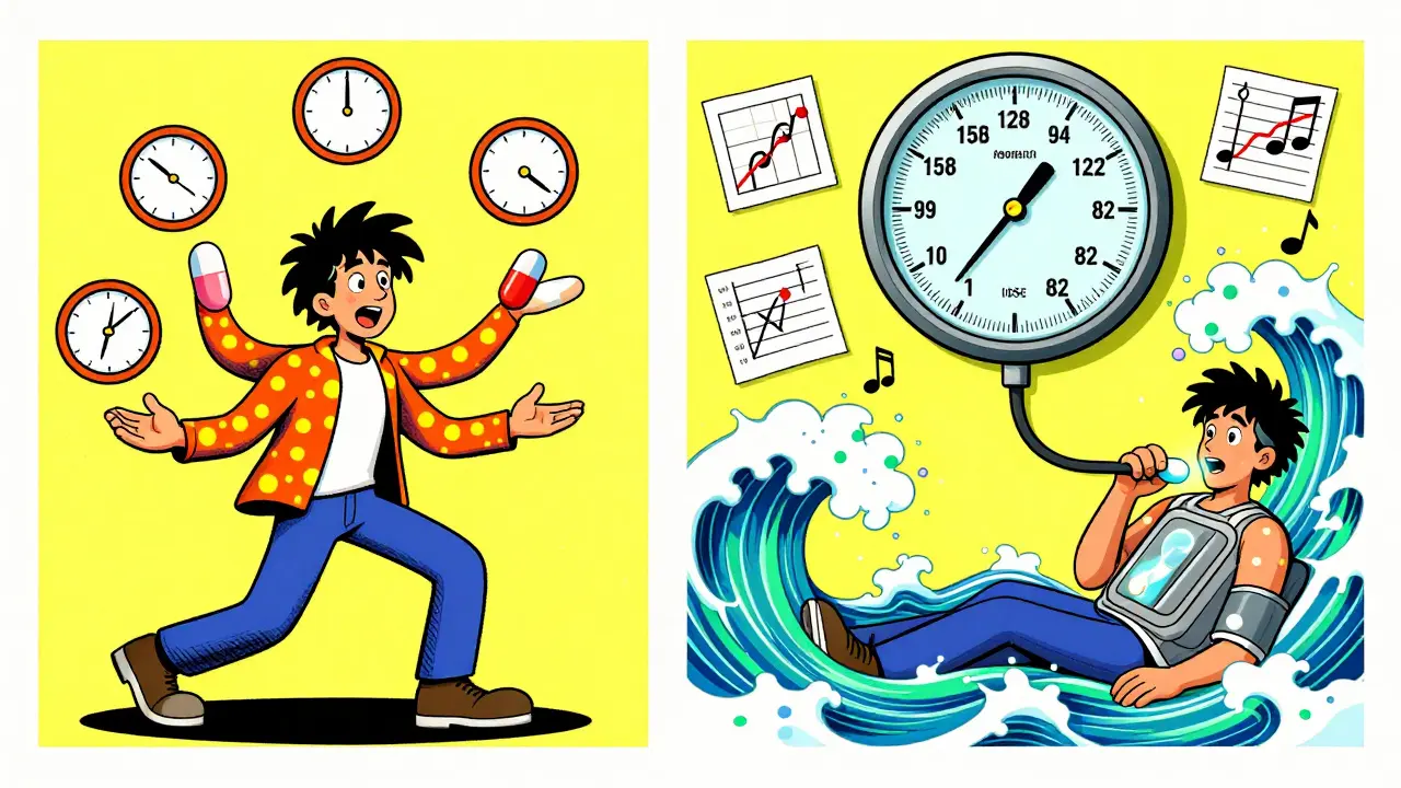 Split scene: chaotic separate pills vs calm single combo pill lowering blood pressure