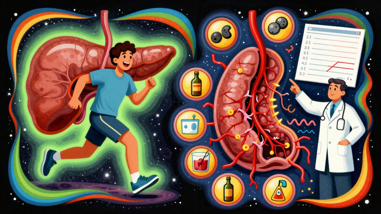 Split scene: healthy pancreas on one side, inflamed on the other, with warning icons and medical charts in psychedelic style.