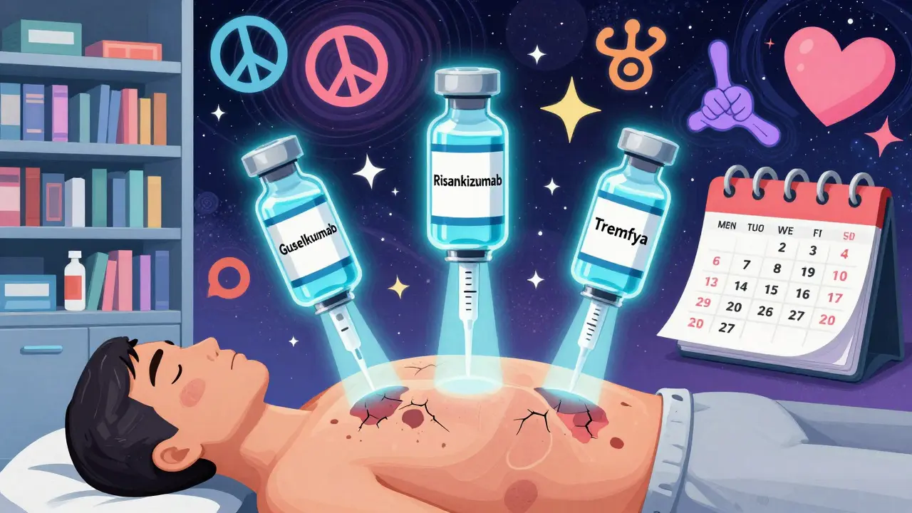 Three glowing biologic injections emitting light to clear psoriasis plaques, set against a psychedelic cosmic background.