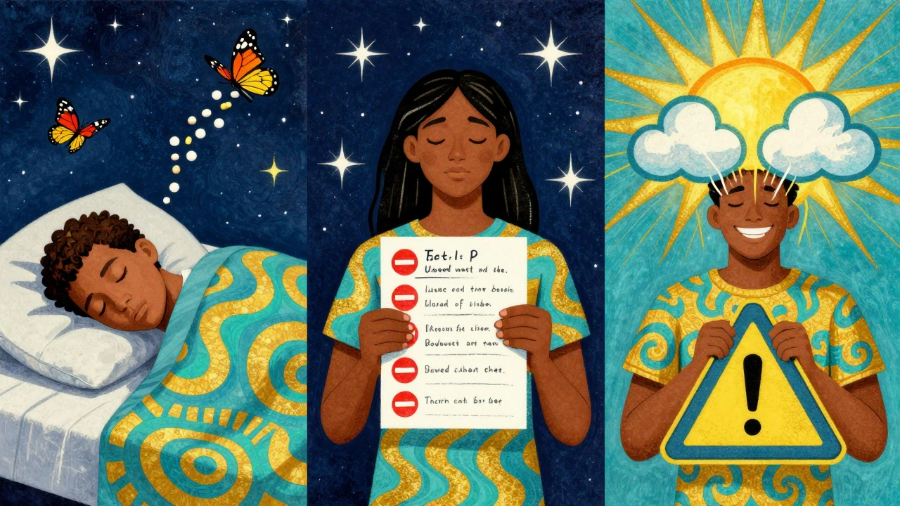 Three people recovering peacefully as pills turn to butterflies and warning signs fade in sunlight.