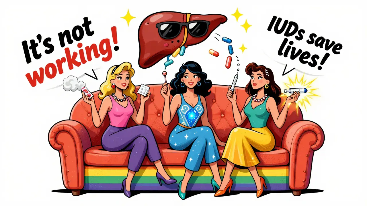 Three women on a rainbow couch with different birth control methods, one pill dissolving, an IUD shining, and a shot radiating energy.