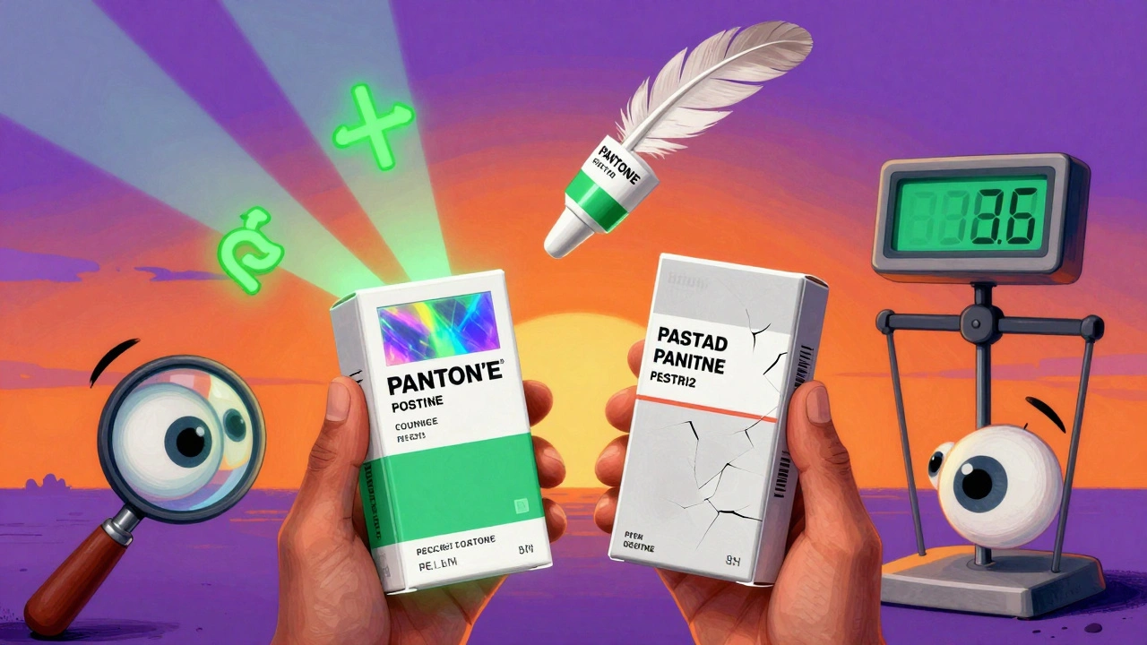 Two medicine boxes compared—one authentic and glowing, the other flawed—with UV light and digital scale showing differences.