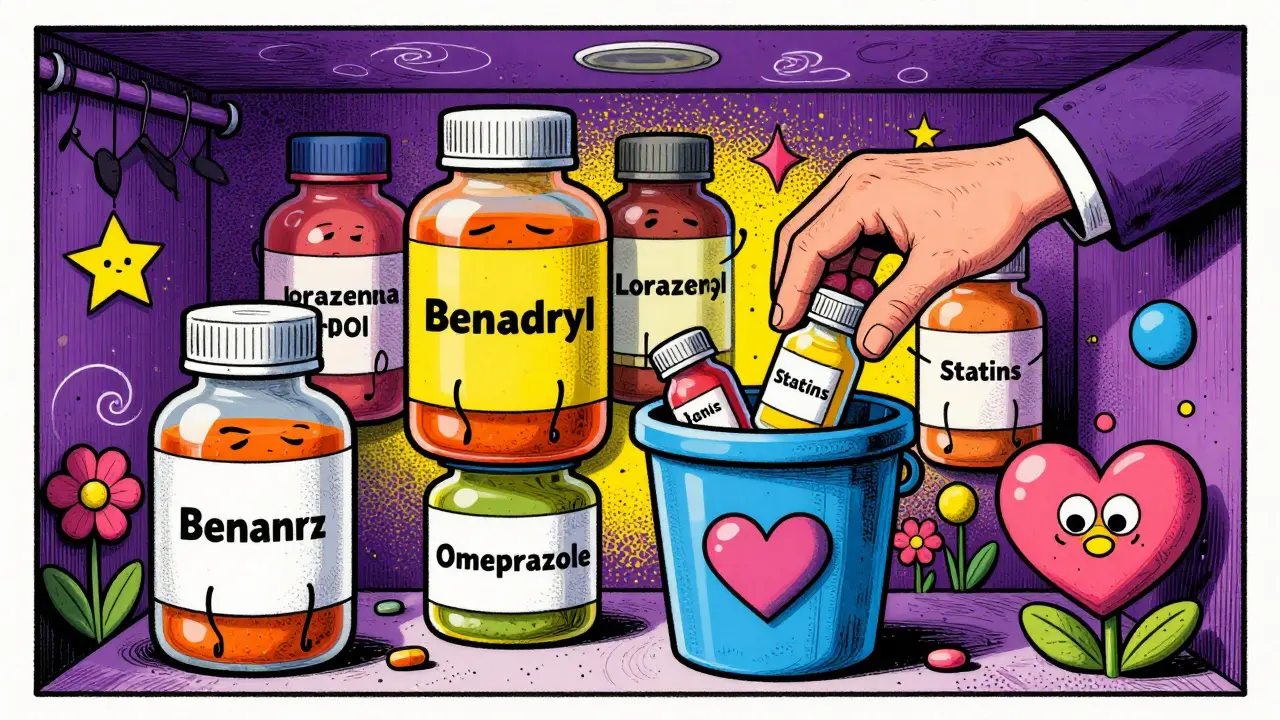 Whimsical closet with dancing medicine bottles being gently removed into a heart-shaped recycling bin, surrounded by flowers and cosmic swirls.