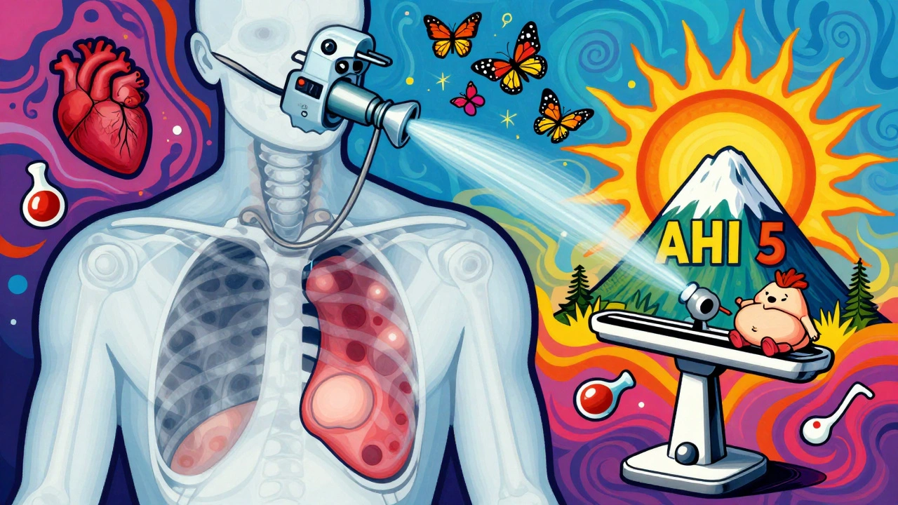 X-ray view of body fat blocking airway, with CPAP air flow and falling pounds transforming into butterflies and a rising sun.