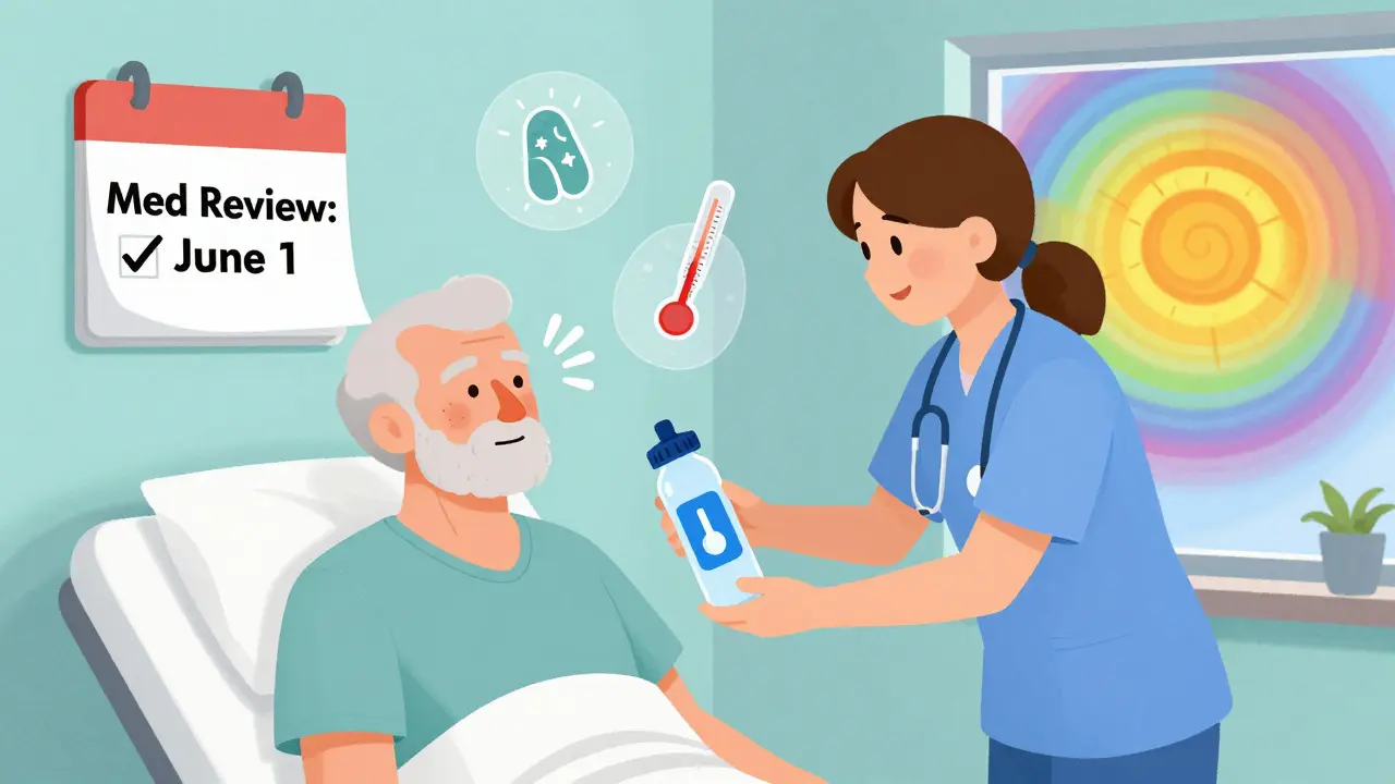 A caregiver offering water to a senior with floating health icons in a calm, cool room under rainbow heat waves.