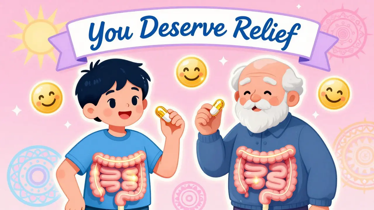 A child and elder taking a daily pill, their intestines glowing with relief, surrounded by happy stool icons.