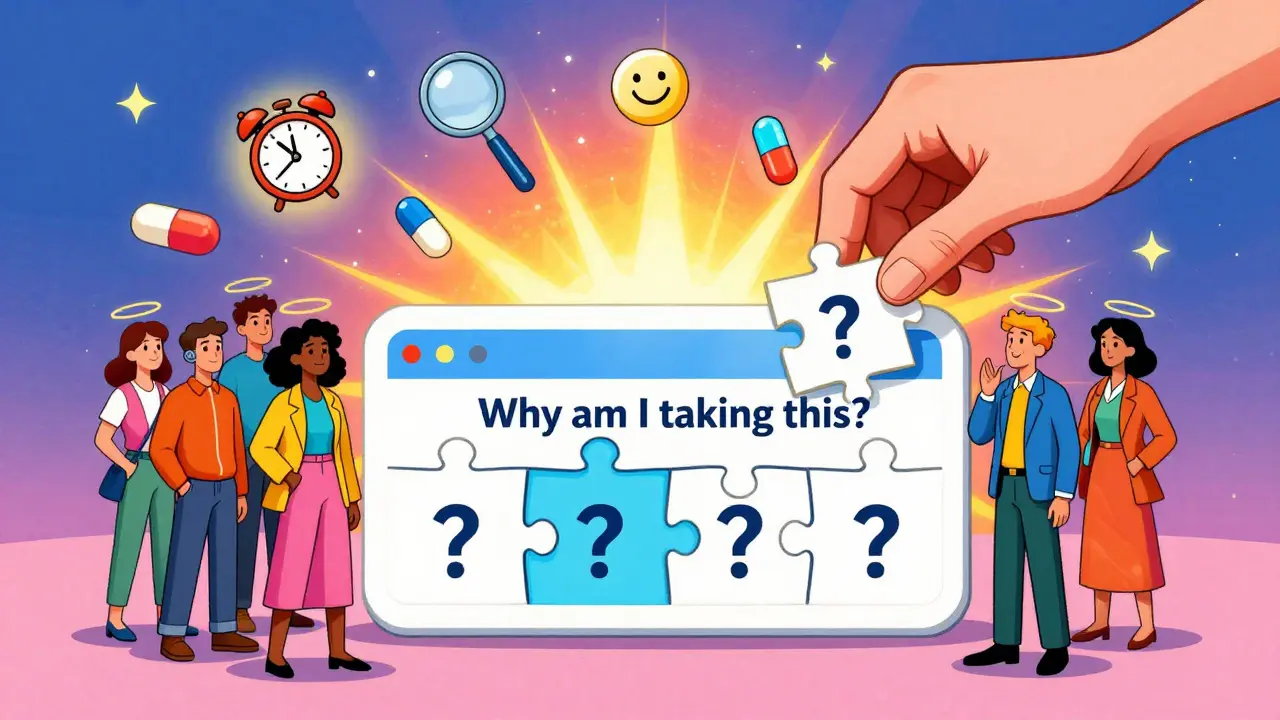A diverse group of people completing a glowing prescription puzzle with the final piece revealing the reason for medication.