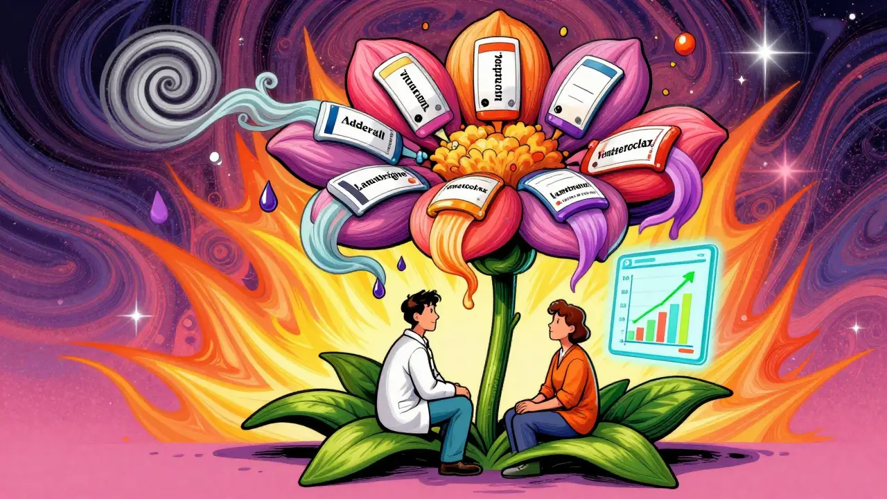 A doctor and patient under a flower with prescription-shaped petals, dissolving side effects into colorful ribbons, with an AI app hovering nearby.