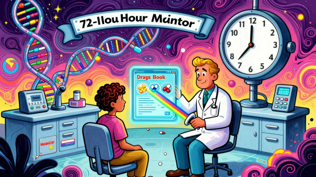 A doctor and patient view holographic drug info under a glowing clock, with genetic strands and barcode beams in psychedelic colors.