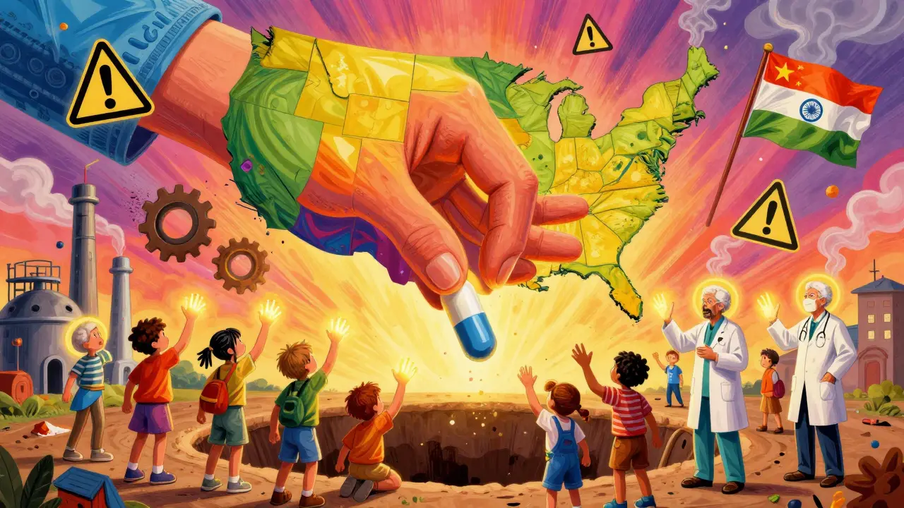 A giant hand drops a generic pill into a pit as patients reach up, surrounded by broken factories and fading global supply symbols.