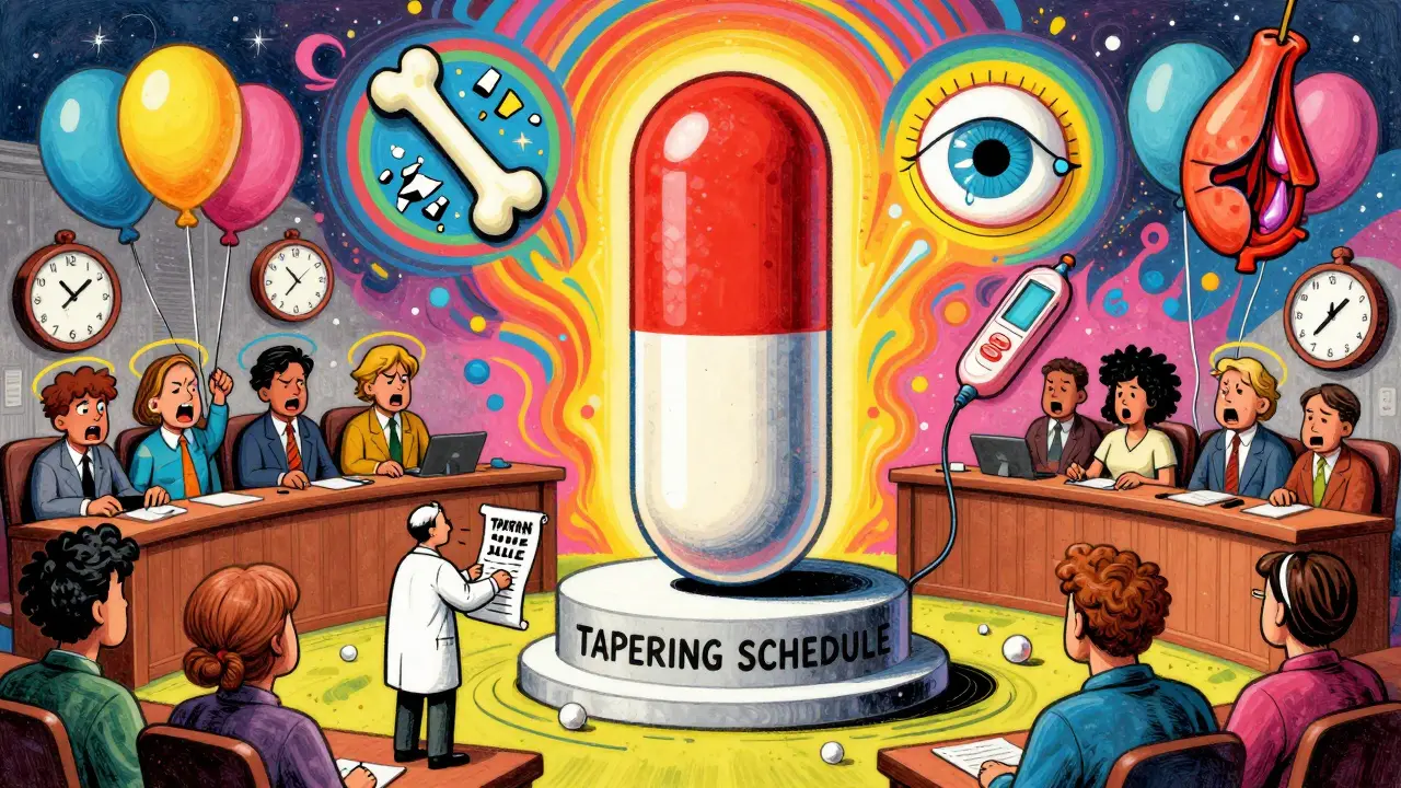 A giant steroid pill on trial surrounded by symbols of its side effects, in psychedelic cartoon style.