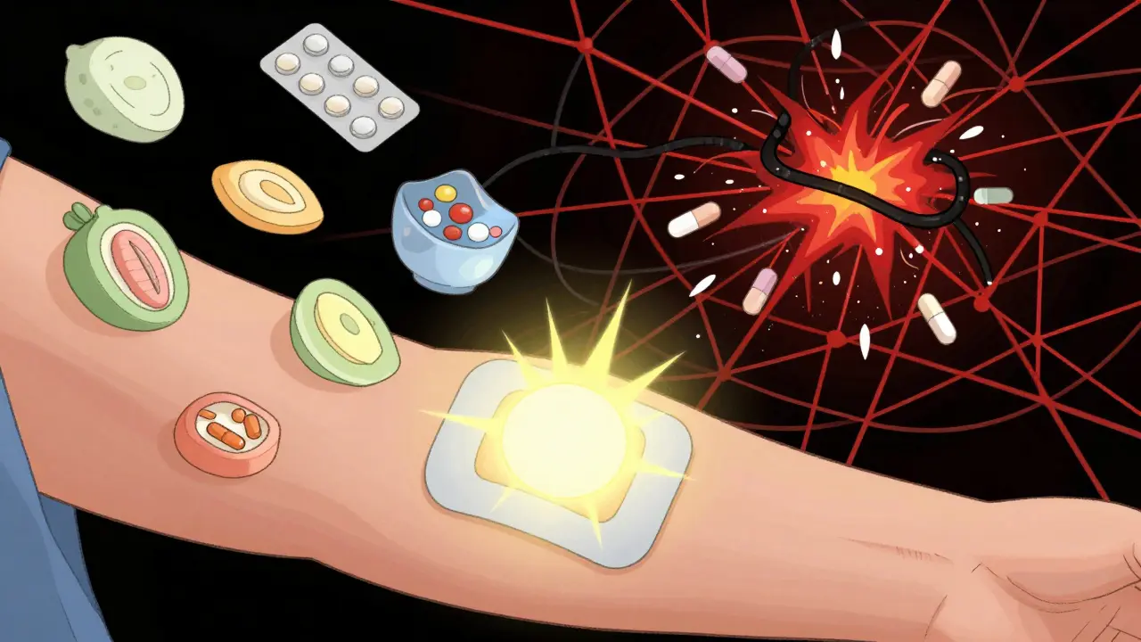 A glowing patch on an arm with safe foods nearby, while dark, snapping webs of dangerous interactions explode in the background.