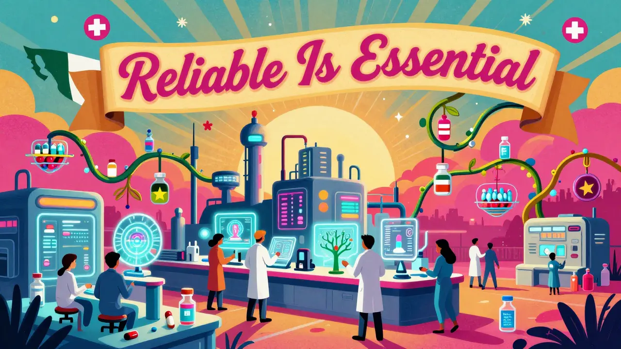 A glowing U.S. drug plant with rainbow supply vines reaching to Mexico, Poland, and Vietnam under a banner reading 'Reliable Is Essential'.