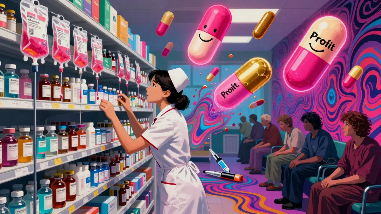 A nurse searches a fading pharmacy shelf as IV bags and medicine vanish into voids, while profit-themed pills glow above.