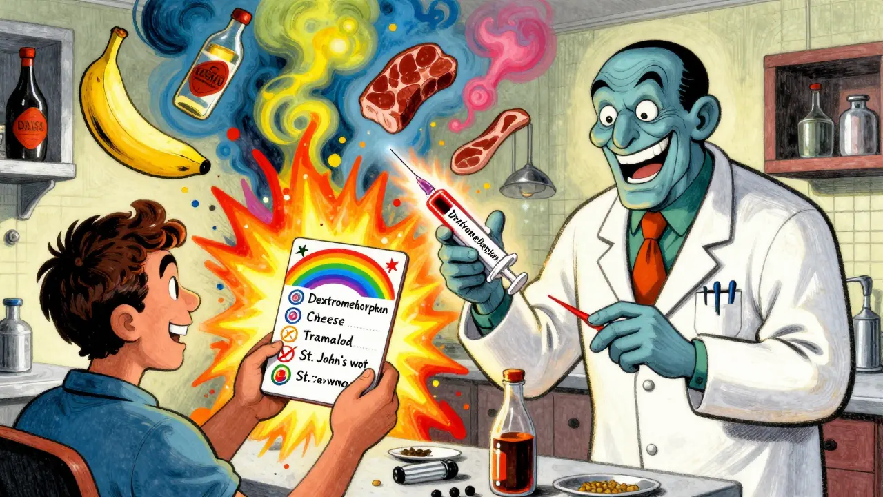 A patient holding a colorful warning card as a pharmacist offers a deadly cough syrup, with chaotic food items exploding around them.