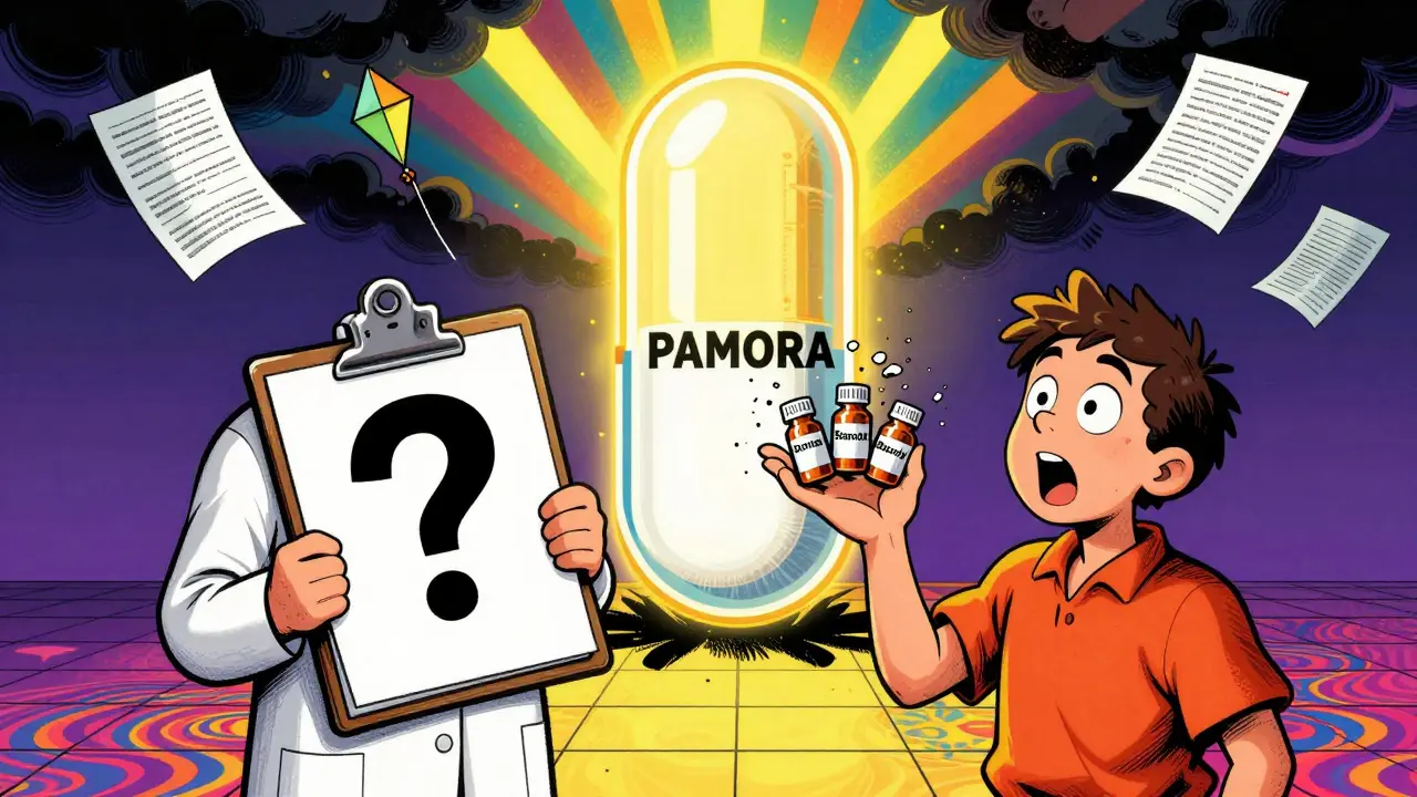 A patient holding crumbling laxatives while a powerful PAMORA pill shines above, under rainbow lights.