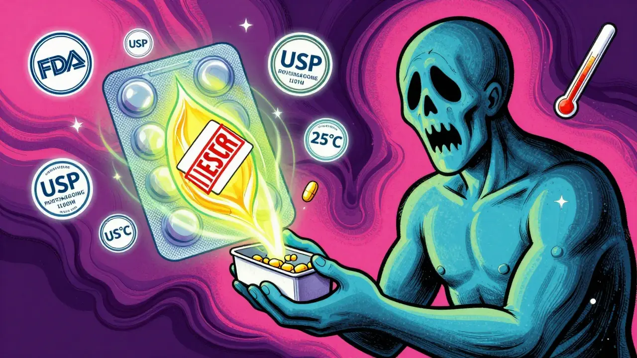 A patient holding degraded pills as a harmful molecule rises, beside a glowing blister pack with a verified expiration stamp.