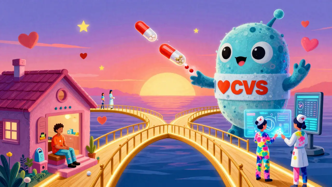 A patient receives medicine via floating capsules from a friendly specialty pharmacy on a golden bridge.