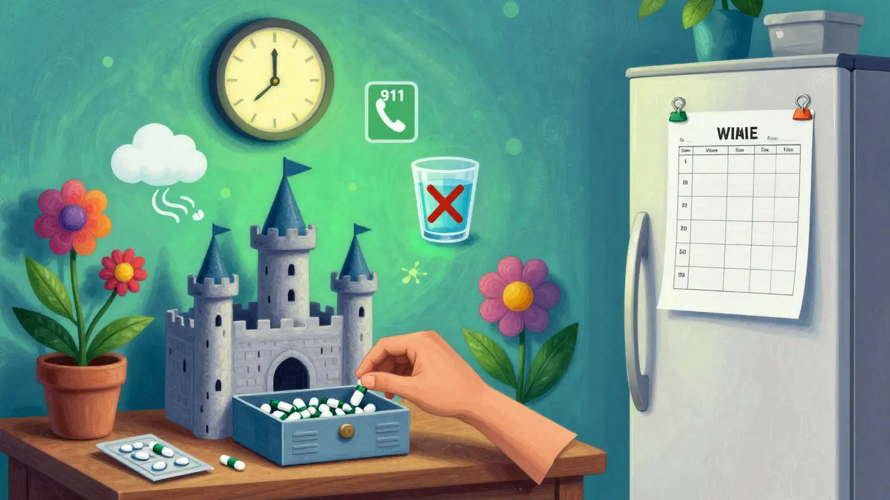 A patient stores opioids in a locked box while floating icons warn of slow breathing and alcohol, with a printed med schedule on the fridge.