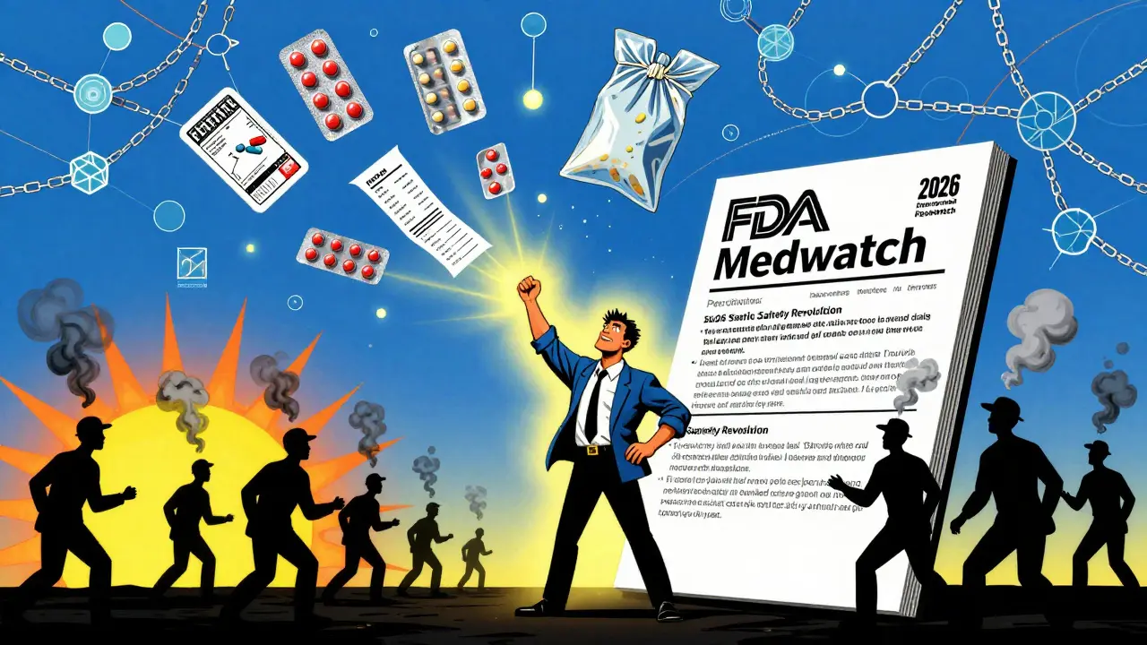 A person stands beside a glowing FDA report form as digital chains rise into the sky.